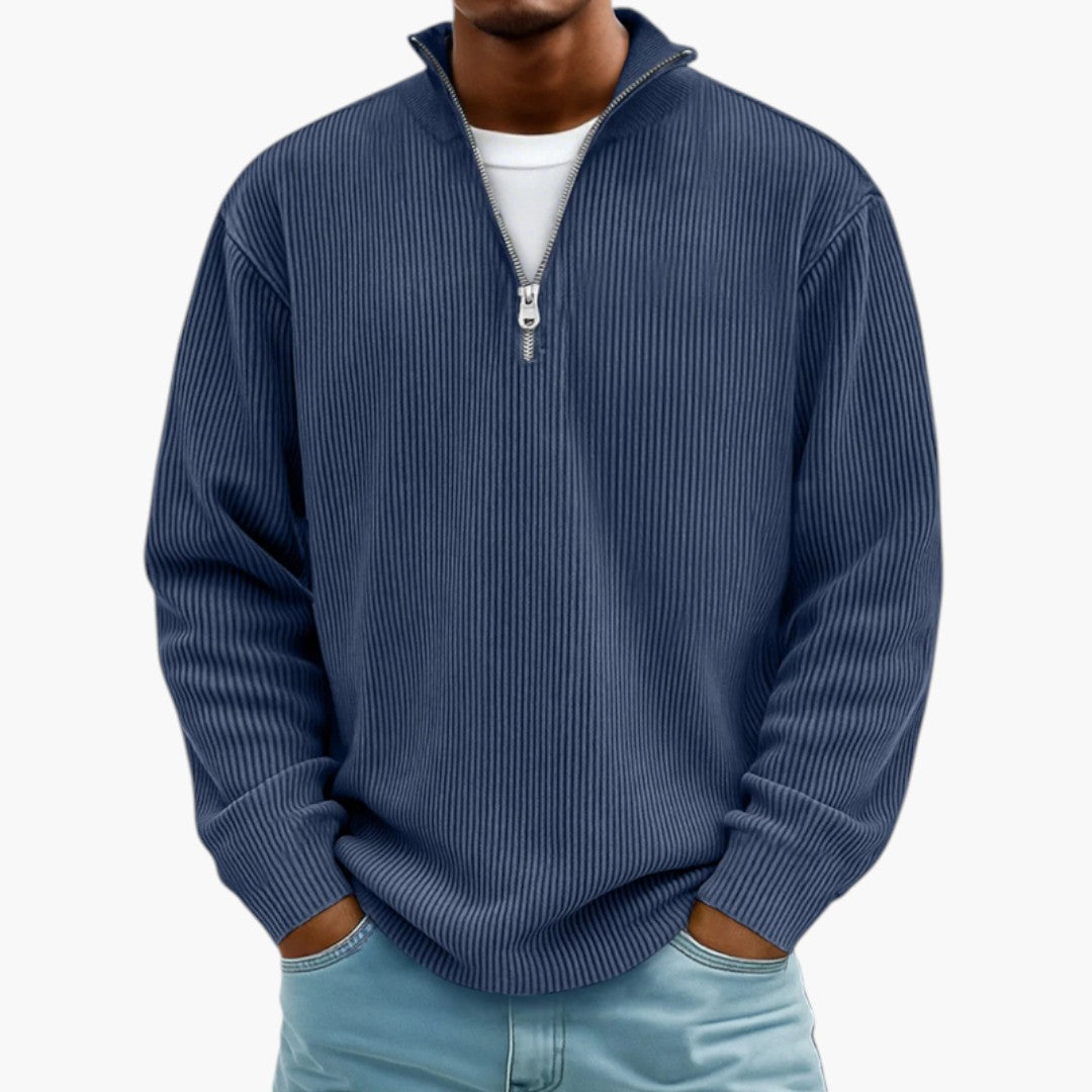 Men's Sweater with Zip Collar and Ribbed Texture