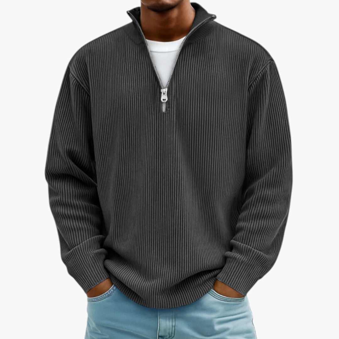 Men's Sweater with Zip Collar and Ribbed Texture