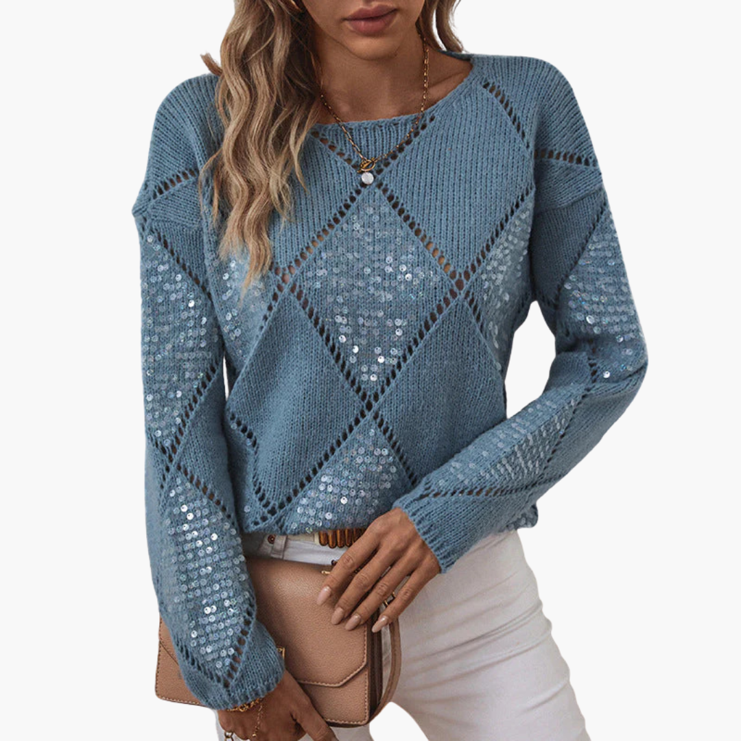 Pull til kvinder med strikket mønster og detaljer i strass