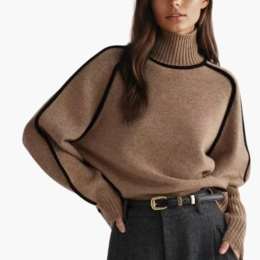 Suéter de cuello alto para mujer con ribete contrastante y puños anchos