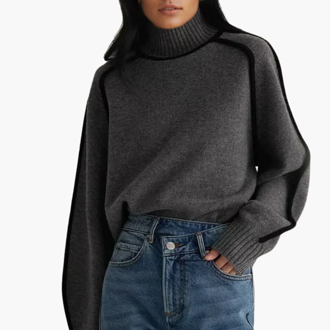 Suéter de cuello alto para mujer con ribete contrastante y puños anchos