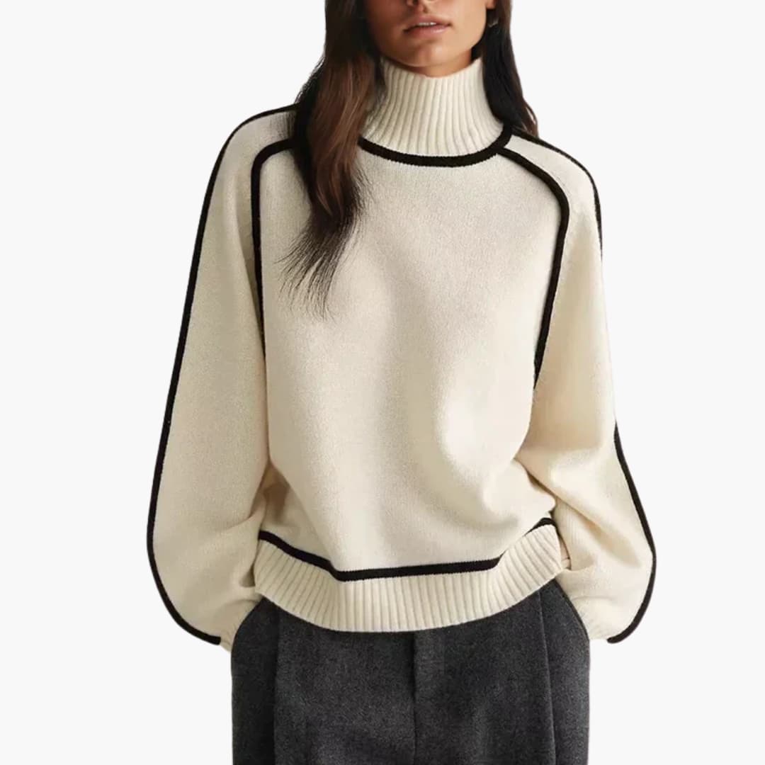 Suéter de cuello alto para mujer con ribete contrastante y puños anchos