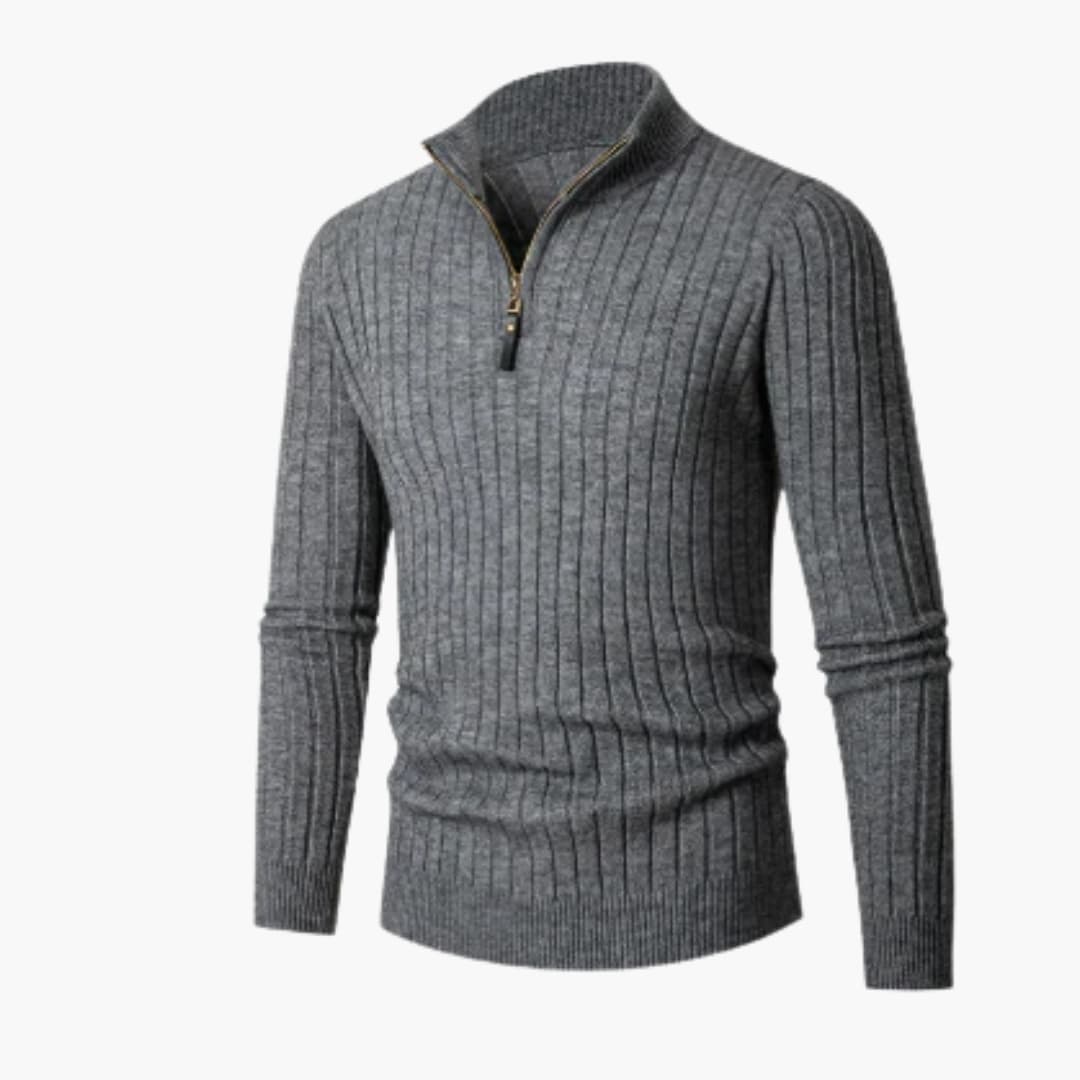 Sweter męski z prążkowanej dzianiny z półzamkiem przy kołnierzu