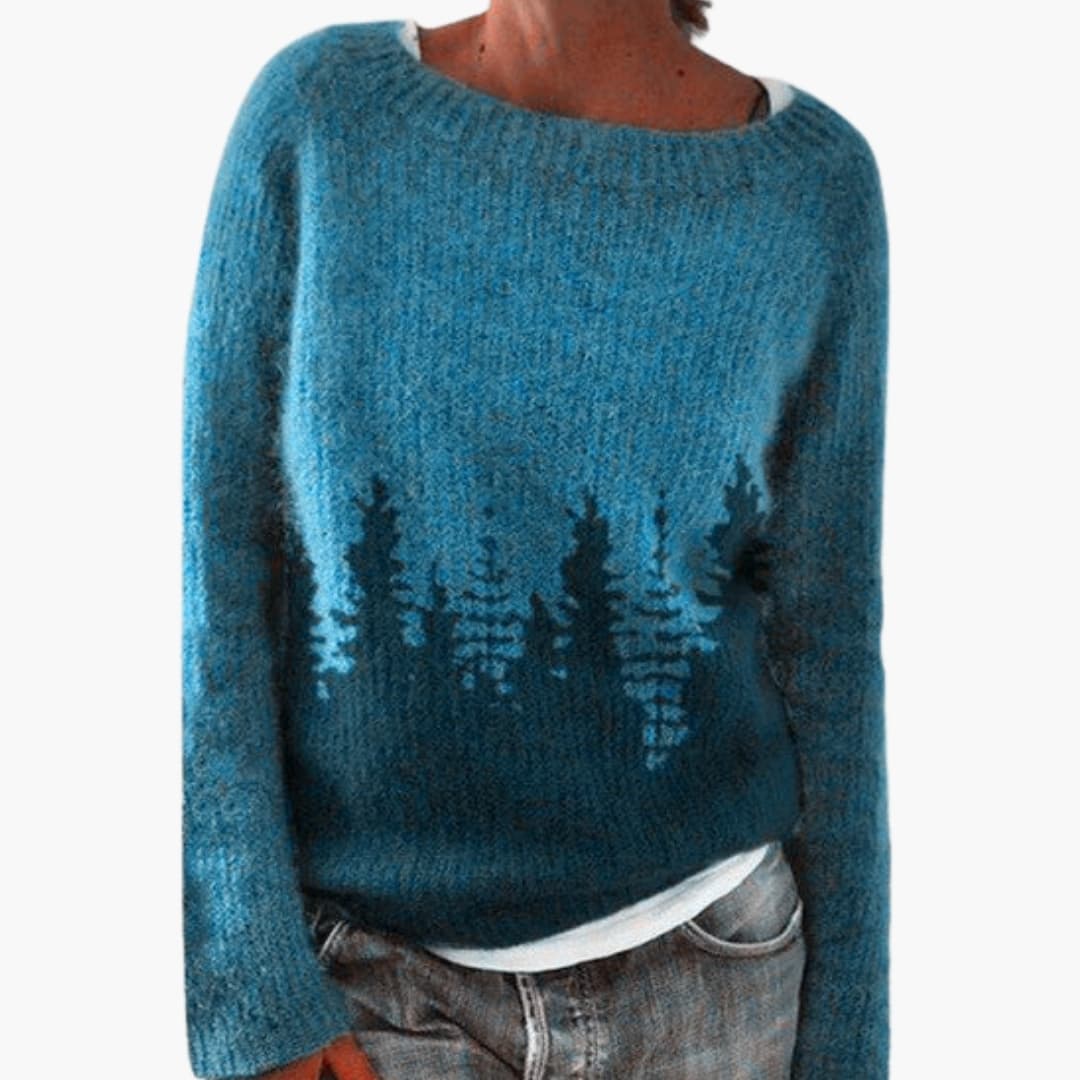 Maglione a maglia donna con collo rotondo e motivo foresta