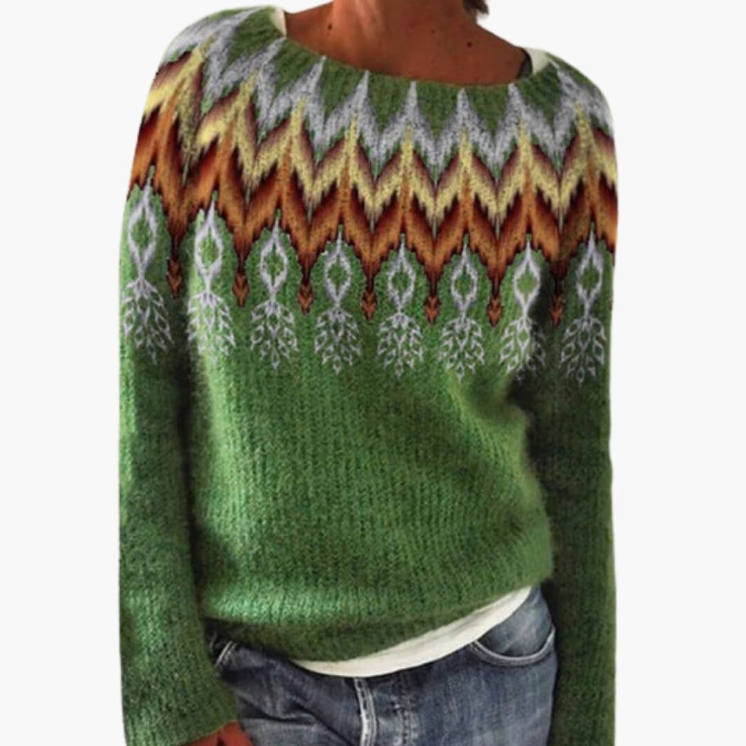 Maglione a maglia donna con collo rotondo e motivo foresta