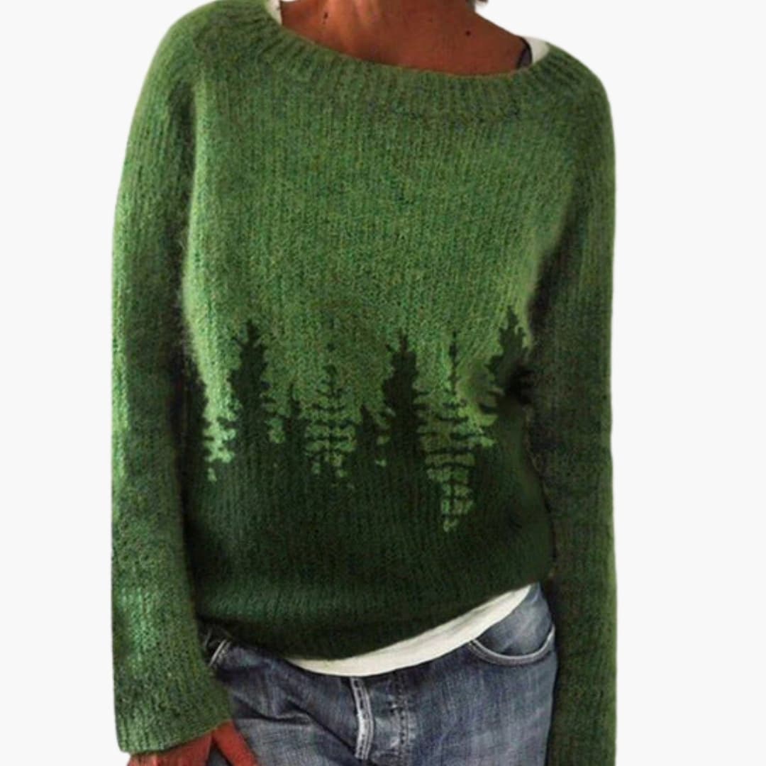 Maglione a maglia donna con collo rotondo e motivo foresta
