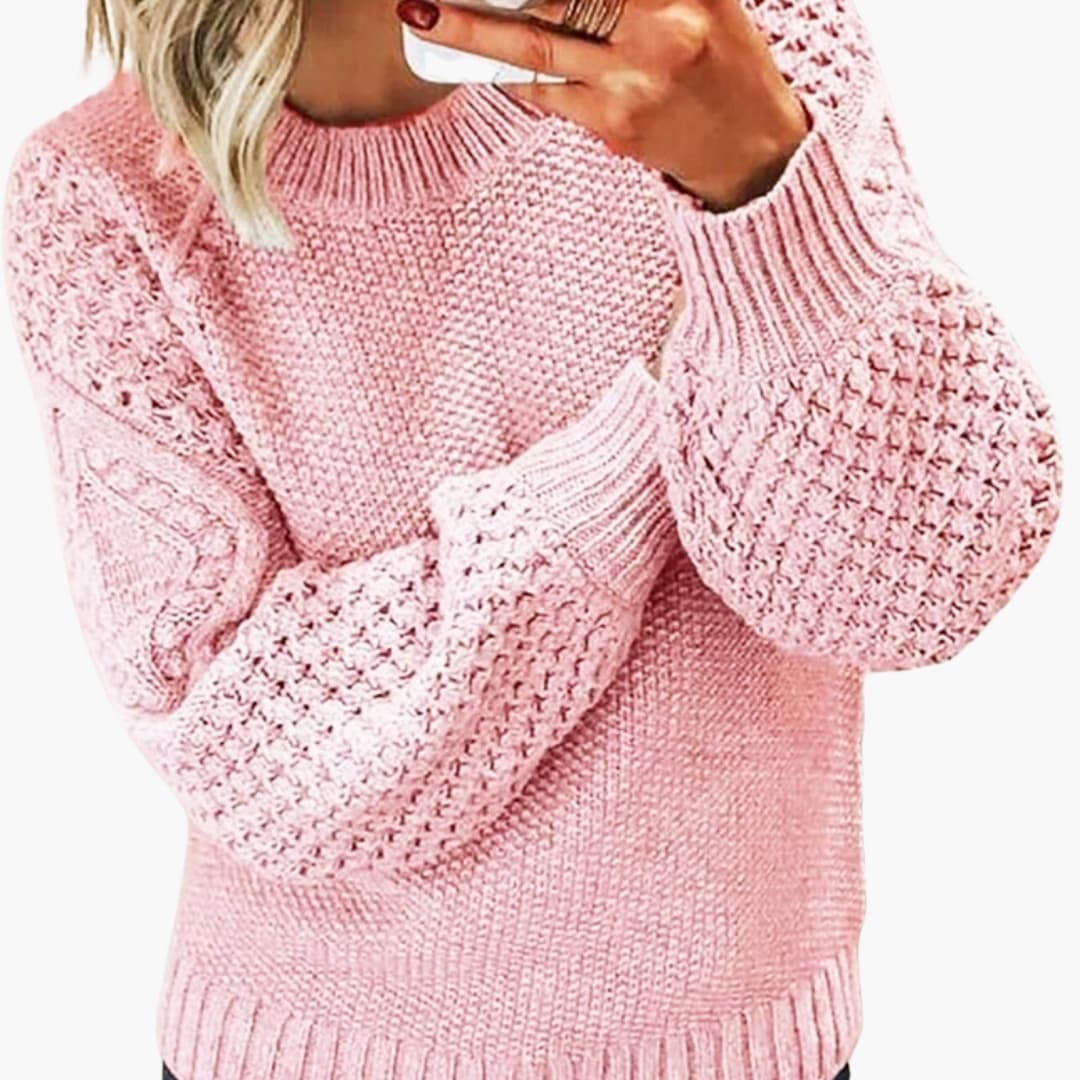 Damen Strickpullover mit strukturierten Ärmeln und Rundhalsausschnitt