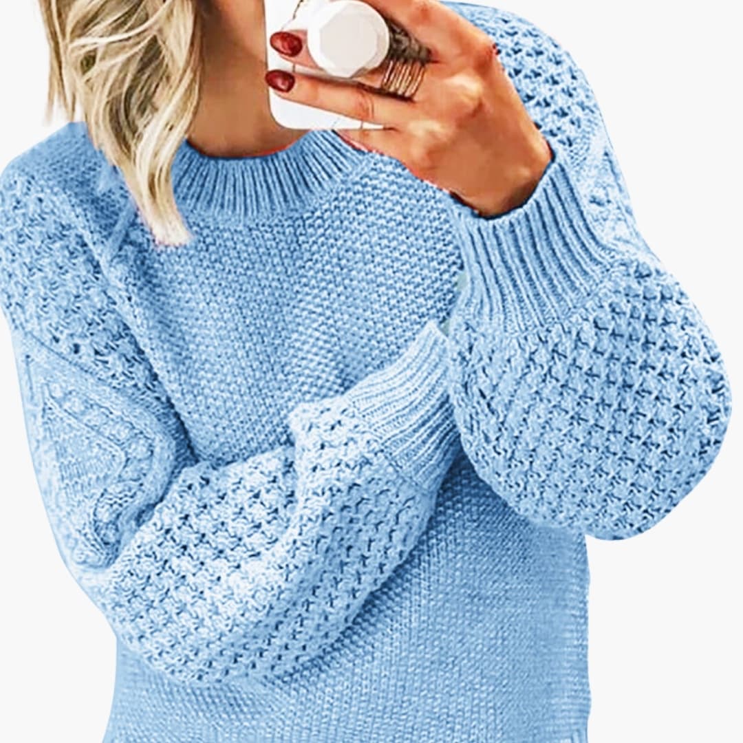 Damen Strickpullover mit strukturierten Ärmeln und Rundhalsausschnitt