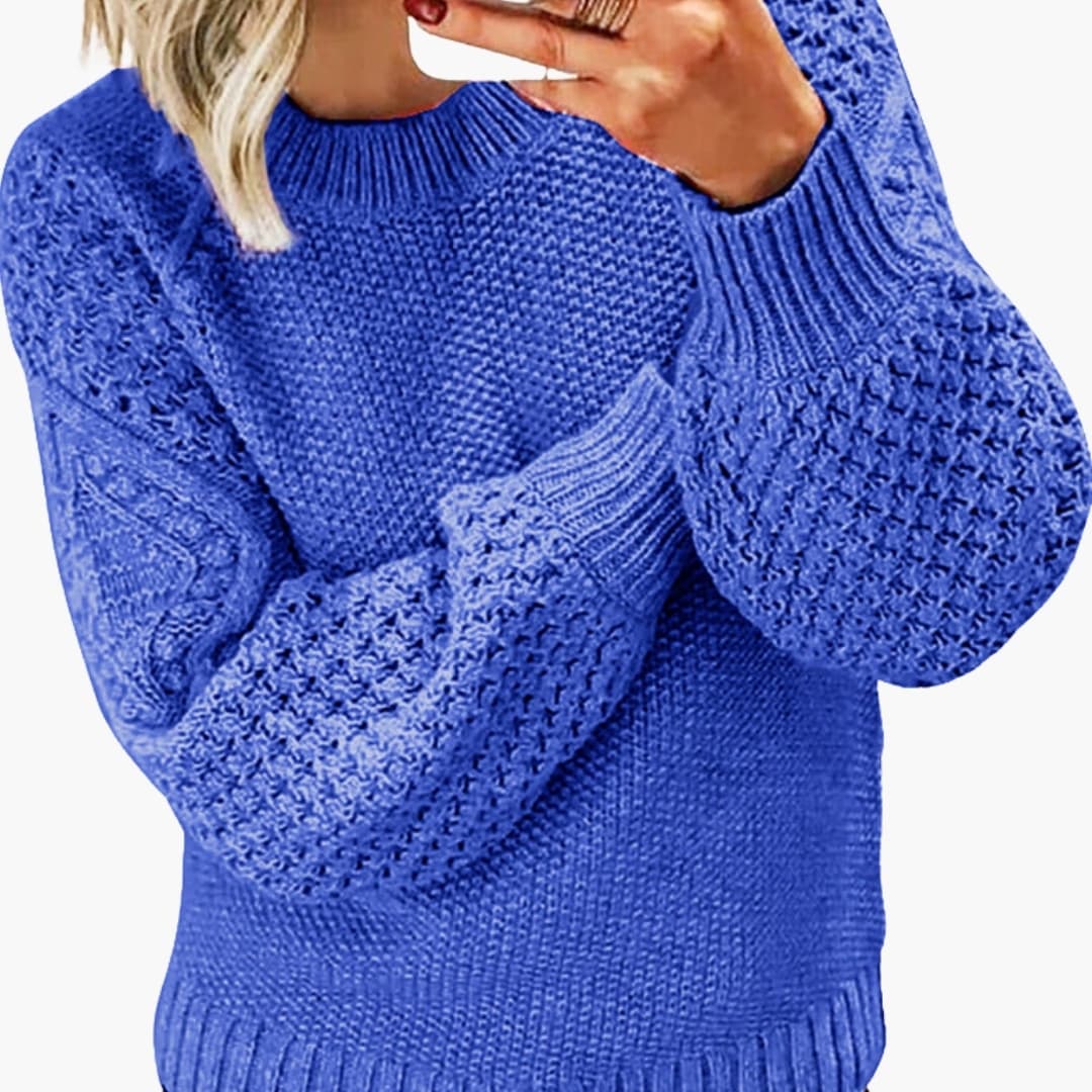 Damen Strickpullover mit strukturierten Ärmeln und Rundhalsausschnitt