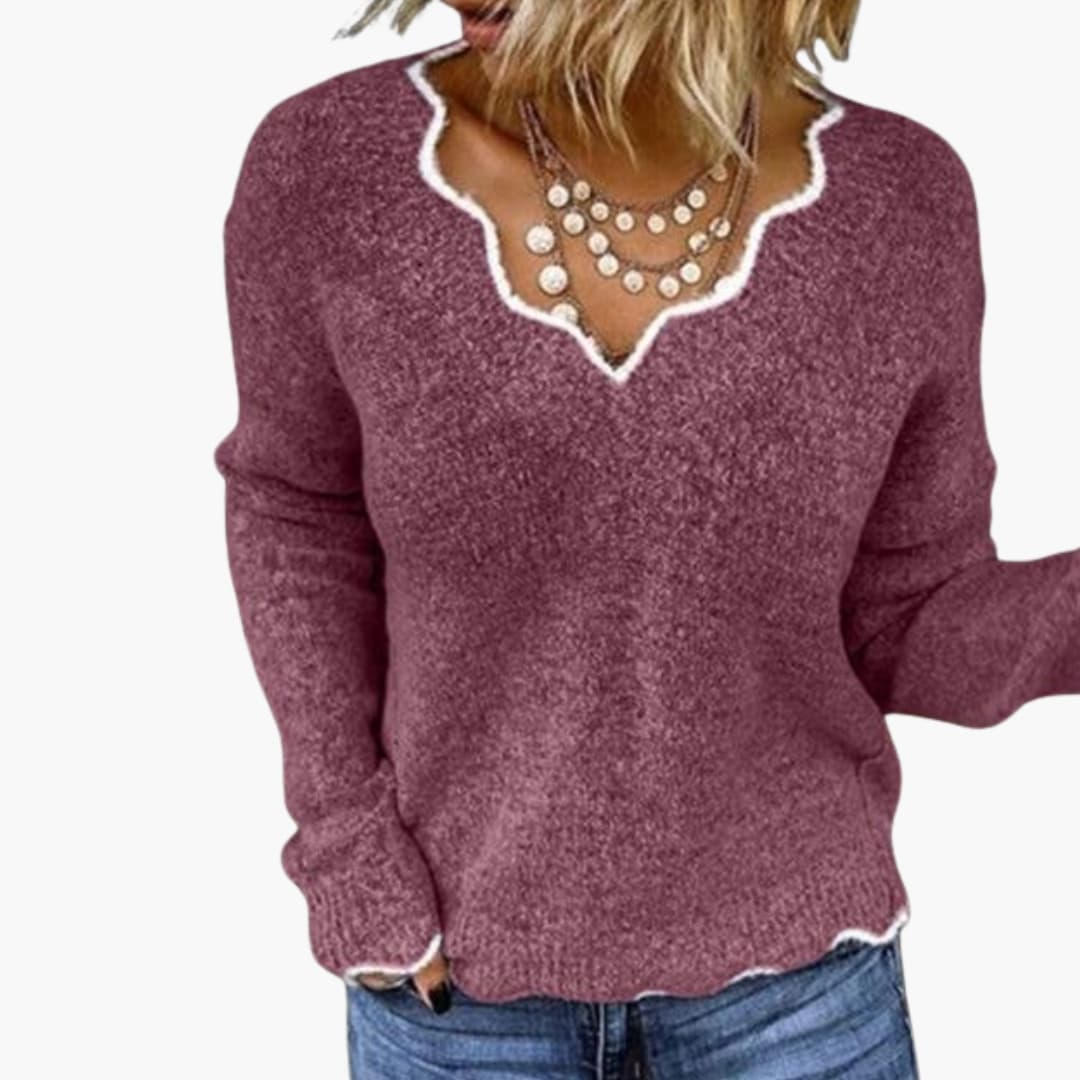 Maglione a maglia per donna con scollo a V ondulato e maniche lunghe