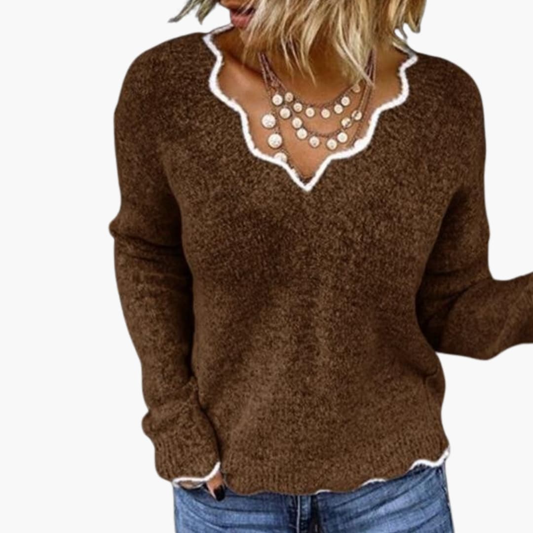 Maglione a maglia per donna con scollo a V ondulato e maniche lunghe