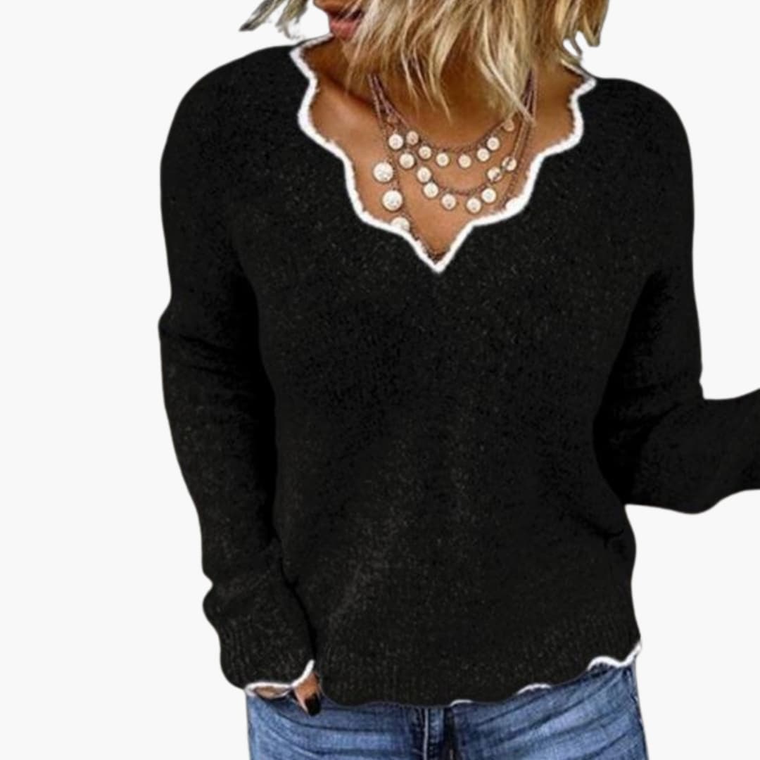 Maglione a maglia per donna con scollo a V ondulato e maniche lunghe