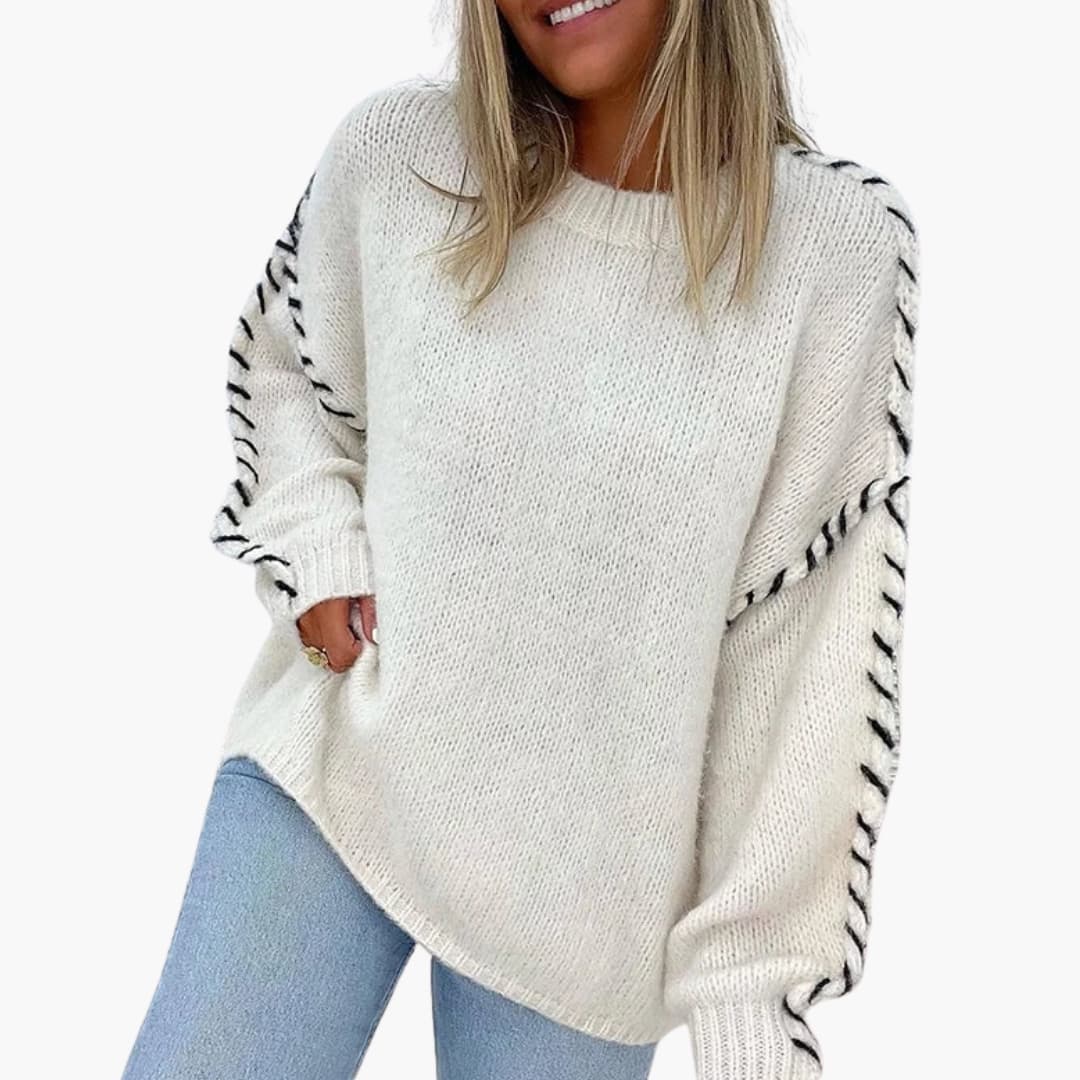 Sweter damski z dzianiny z kontrastowymi szwami i luźnym krojem