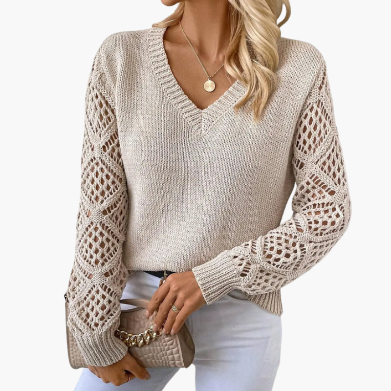 Pull femme à col en V en maille avec manches ajourées