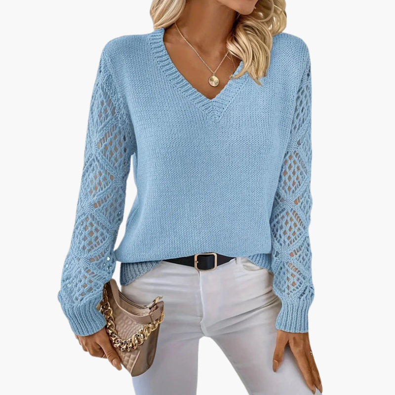 Pull femme à col en V en maille avec manches ajourées