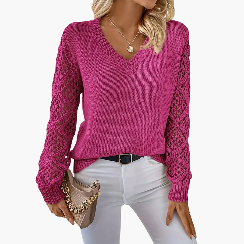 Pull femme à col en V en maille avec manches ajourées