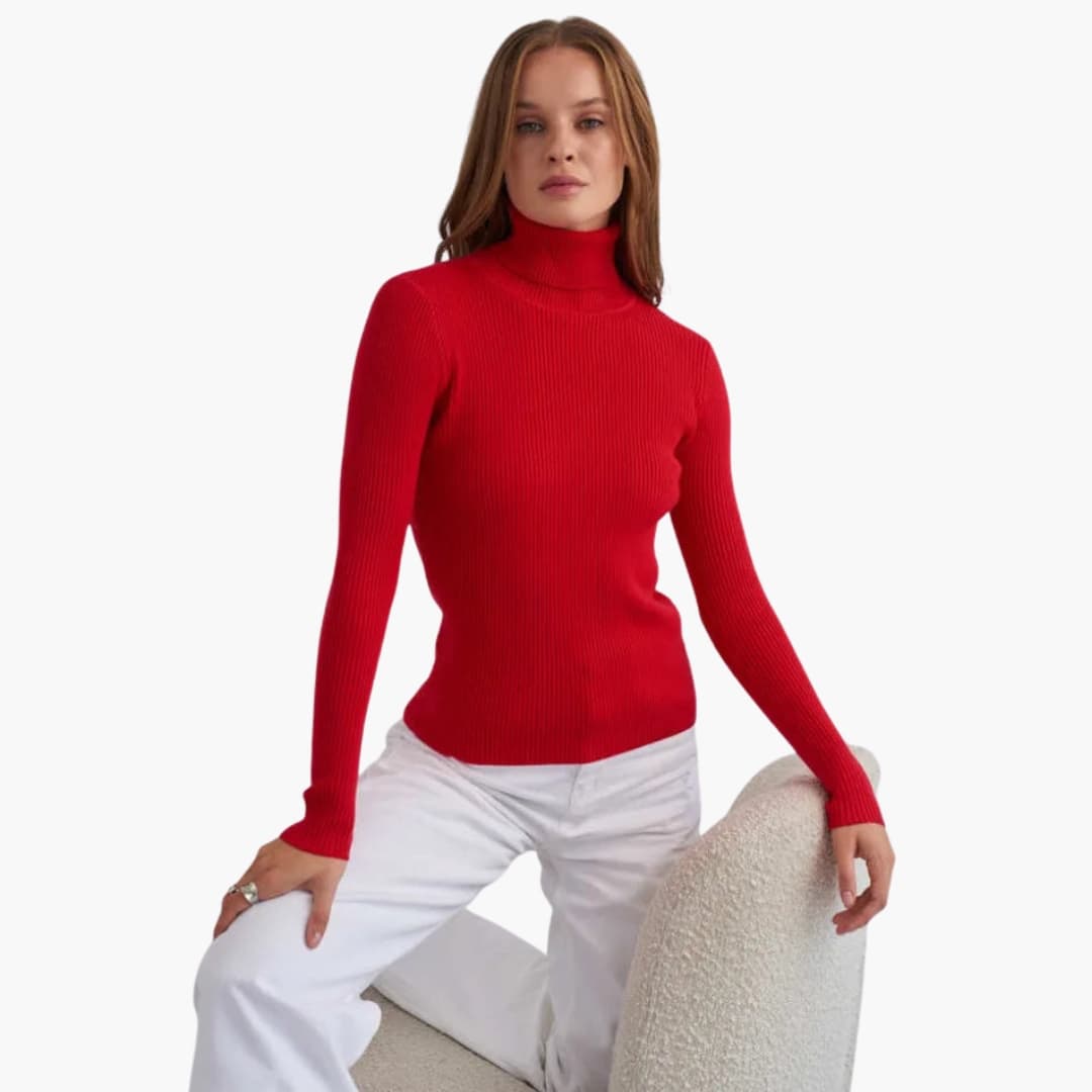 Damenpullover mit Rollkragen aus eng anliegendem Rippstrick