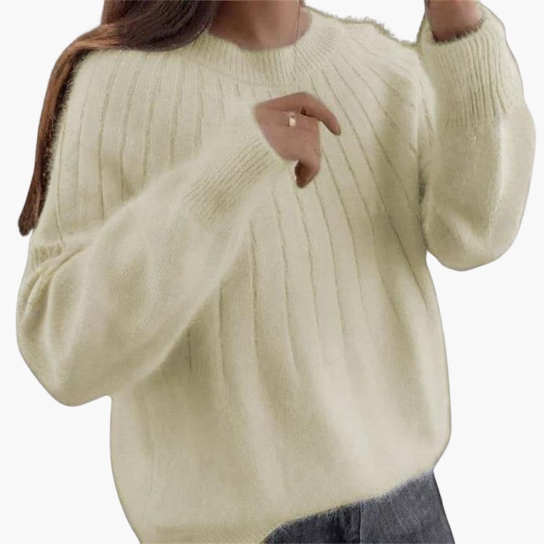 Sweter damski z prążkowanej dzianiny z okrągłym dekoltem