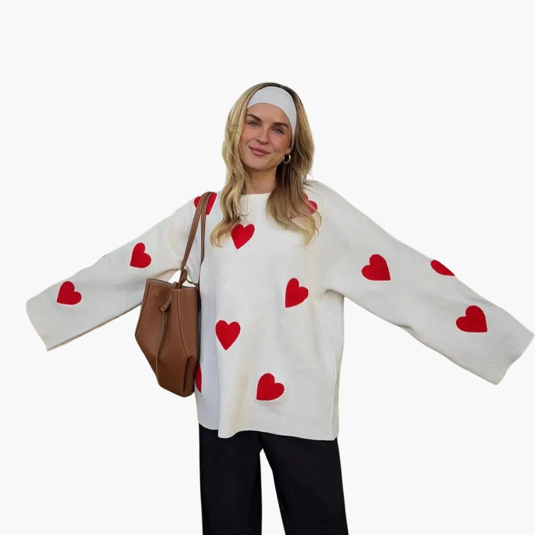 Pull femme avec col rond et motifs cœur