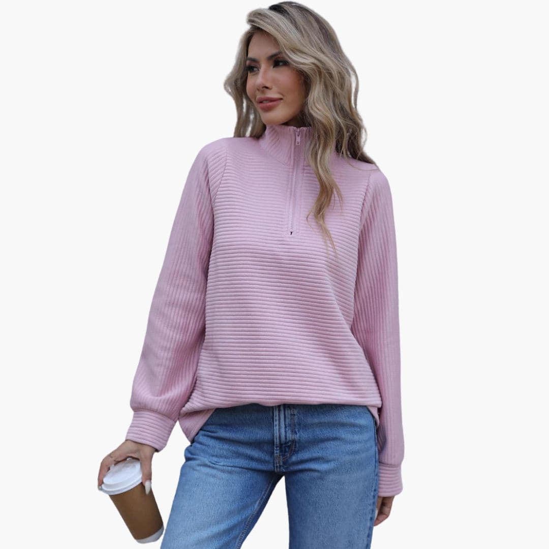 Pull femme côtelé à demi zip et manches larges