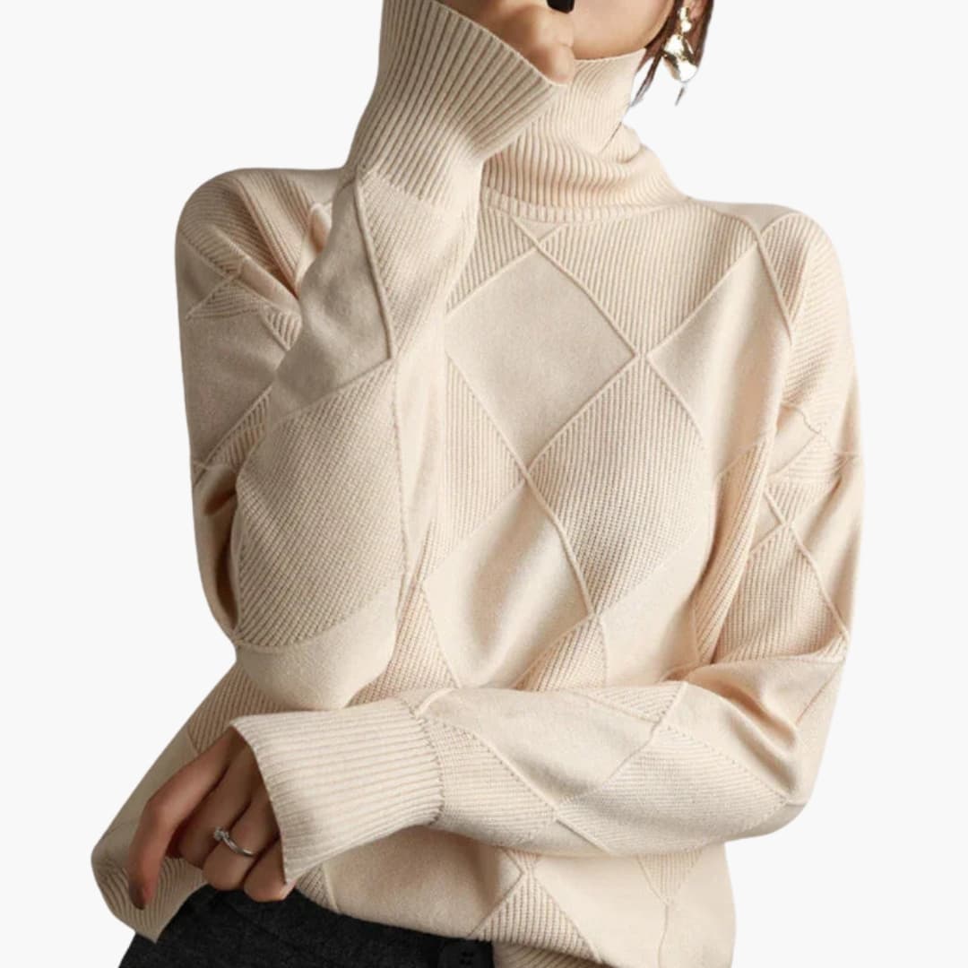 Pull femme en maille col roulé avec motif géométrique