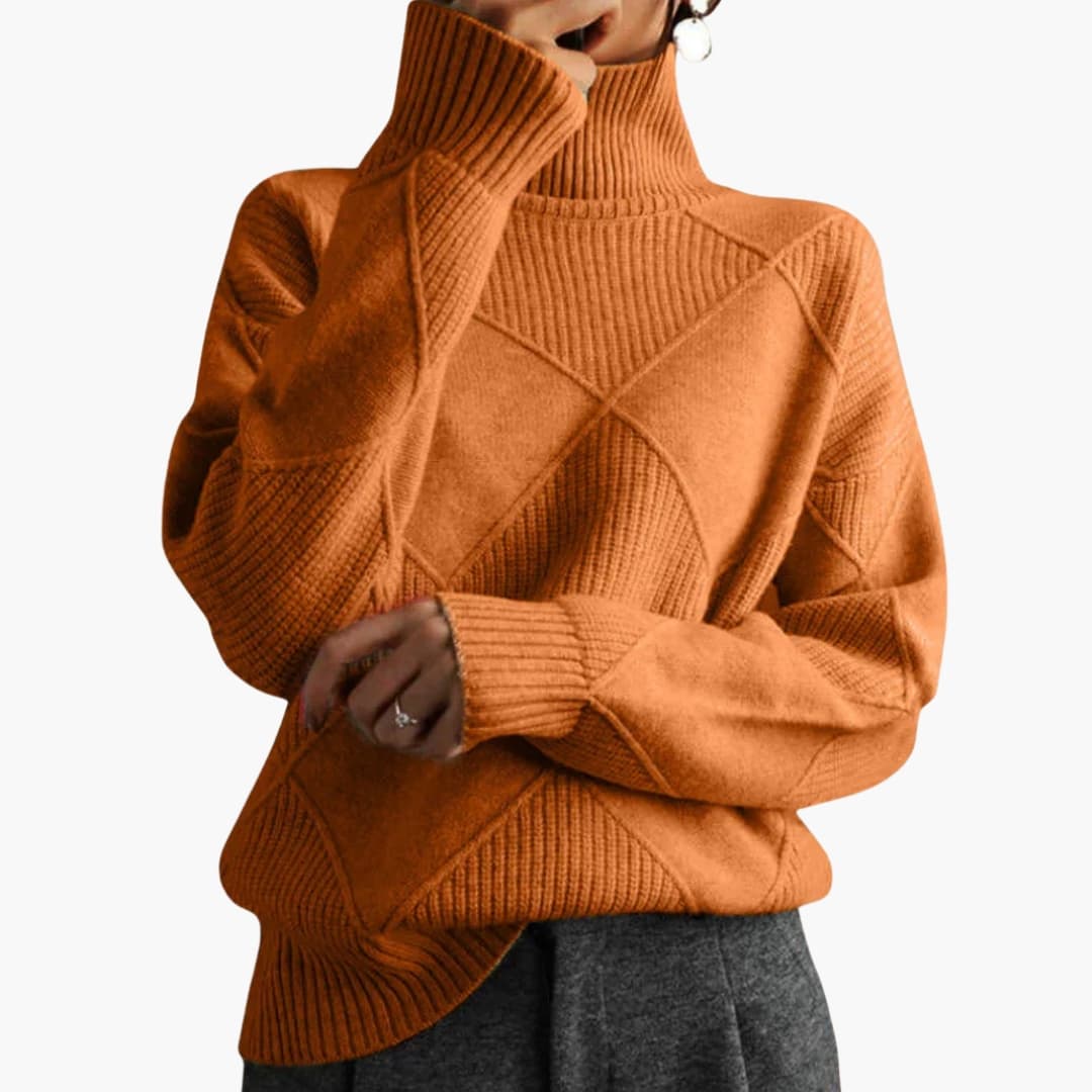 Pull femme en maille col roulé avec motif géométrique