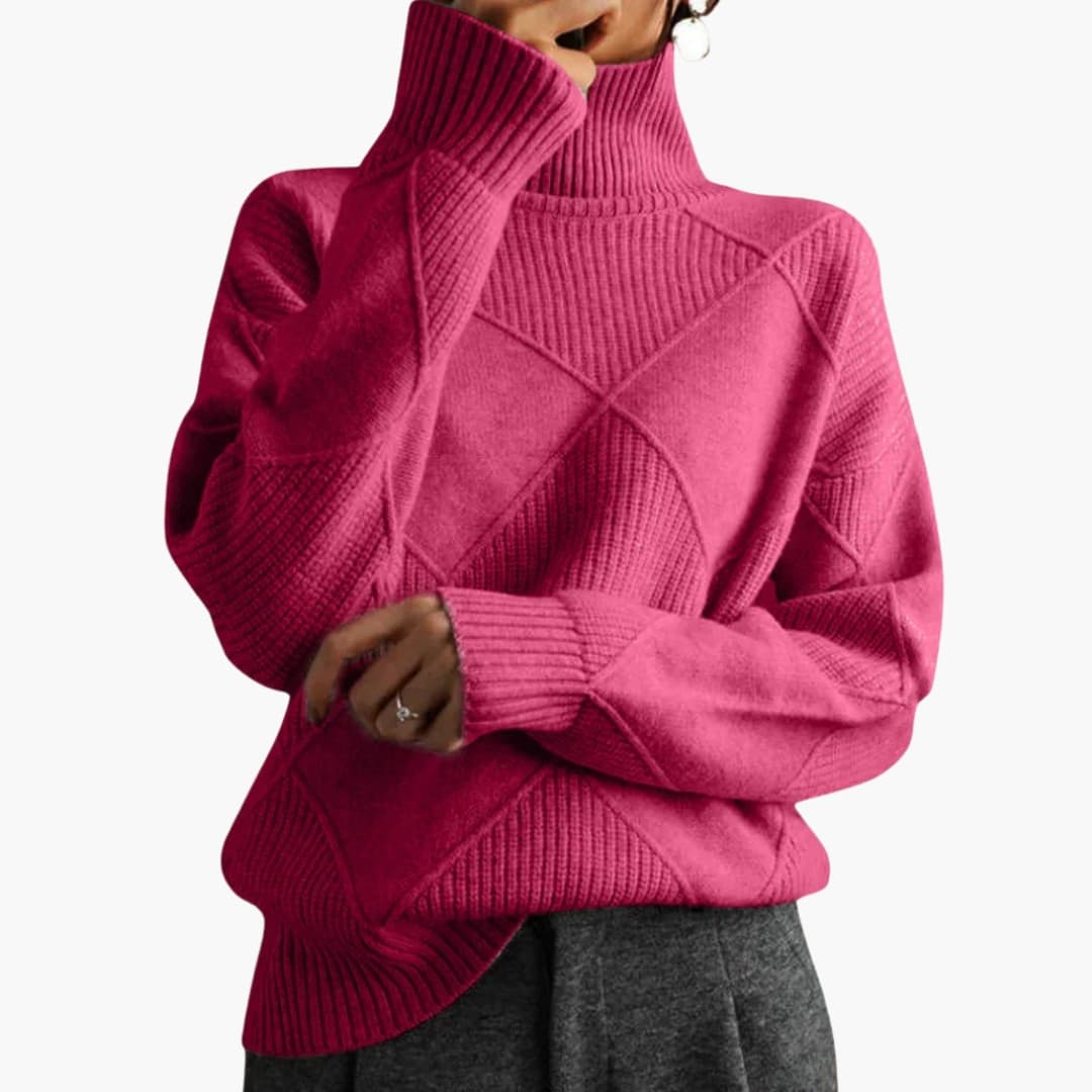 Pull femme en maille col roulé avec motif géométrique
