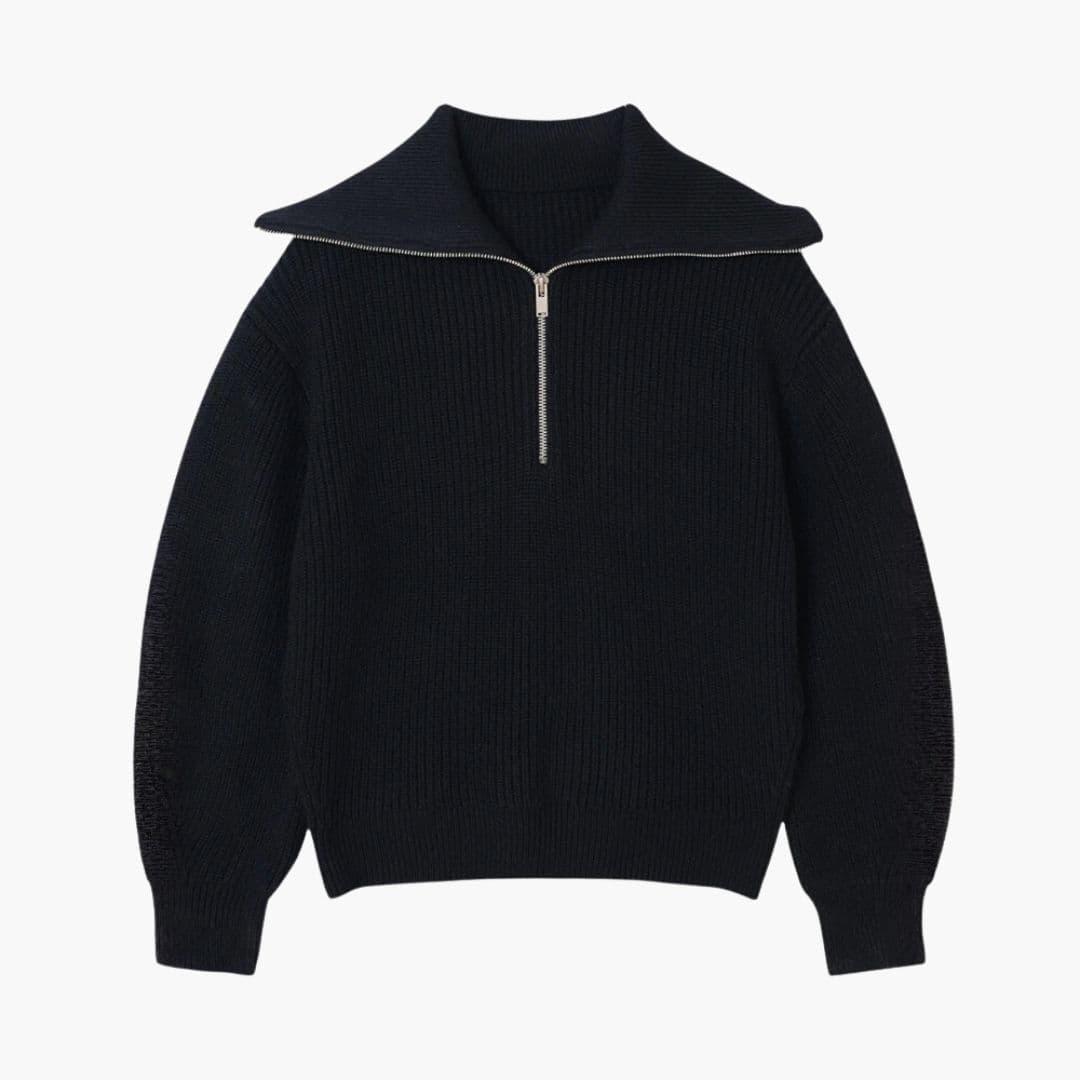 Sweter damski w paski z zamkiem i prążkowanym kołnierzem
