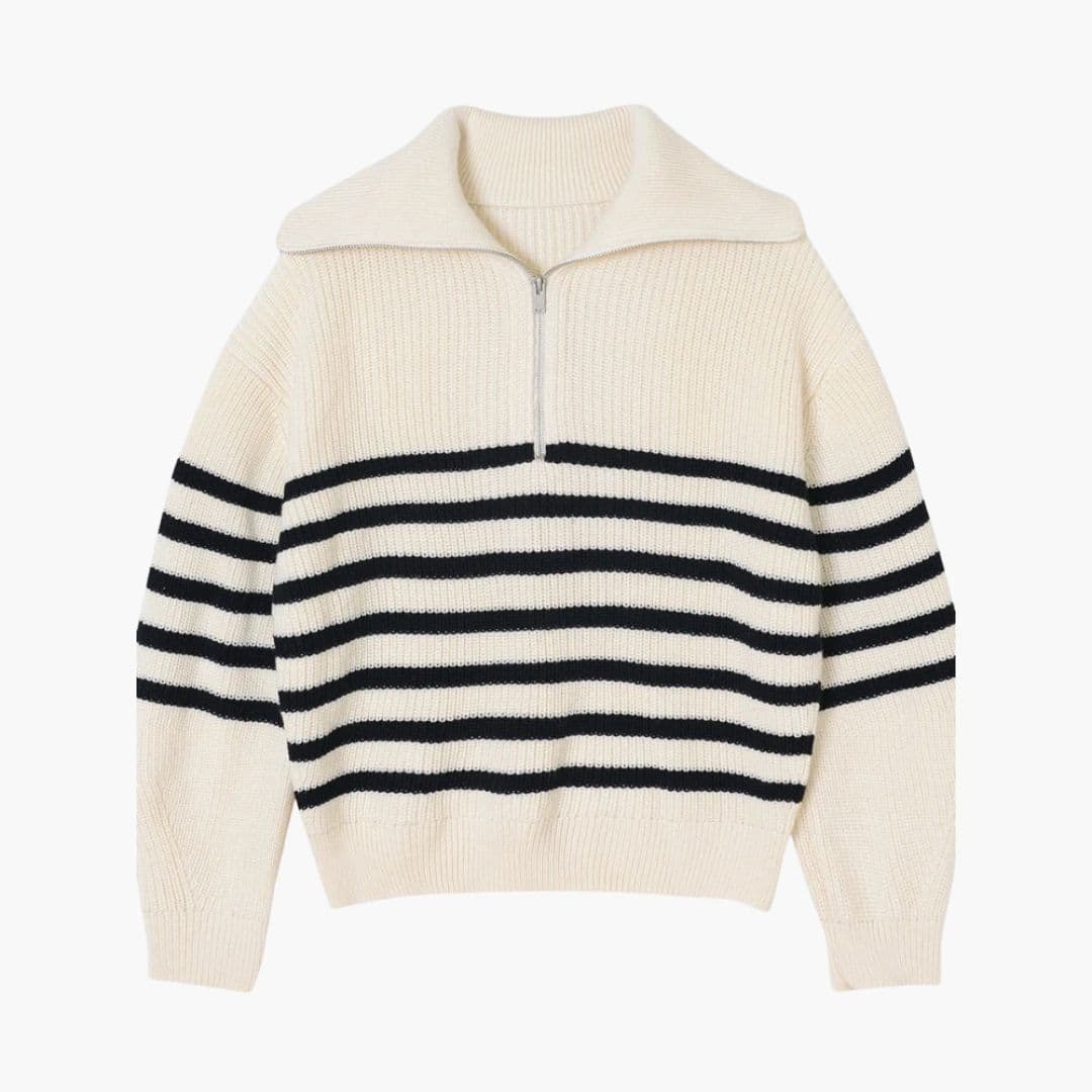 Sweter damski w paski z zamkiem i prążkowanym kołnierzem