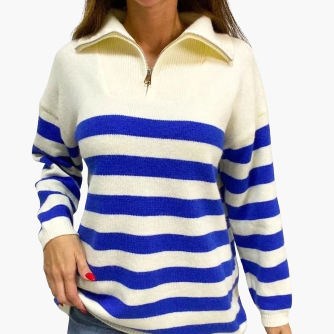 Gestreifter Damenpullover mit Stehkragen und Reißverschluss