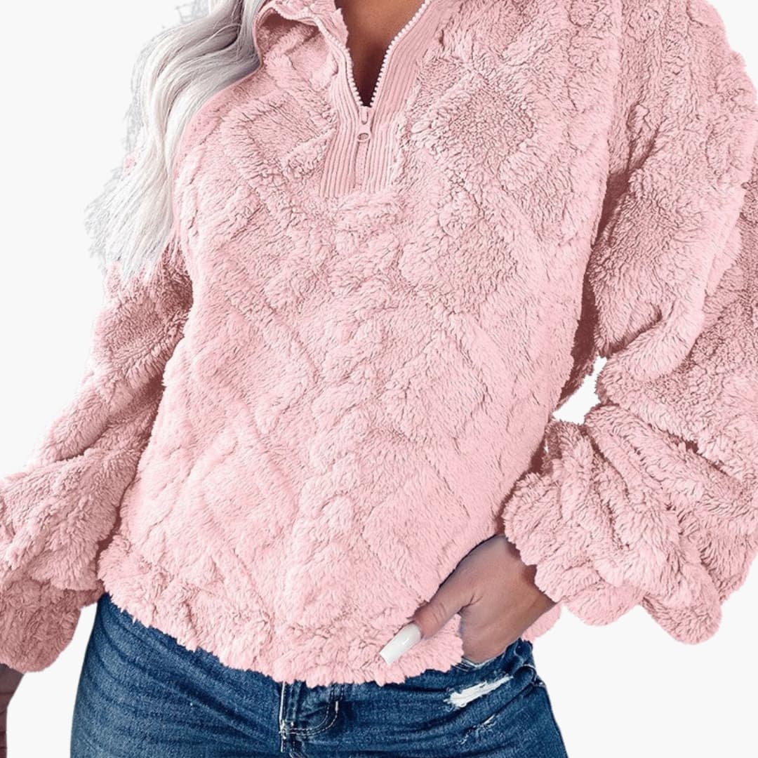 Pull polaire pour femme avec col demi zip et motif losange texturé