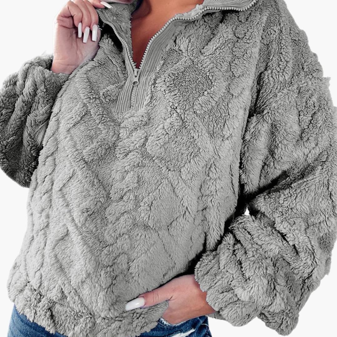 Pull polaire pour femme avec col demi zip et motif losange texturé
