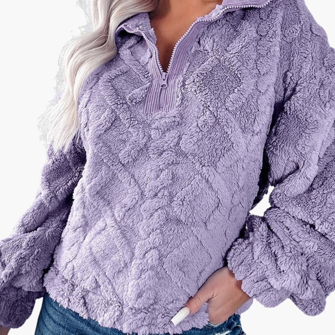 Pull polaire pour femme avec col demi zip et motif losange texturé