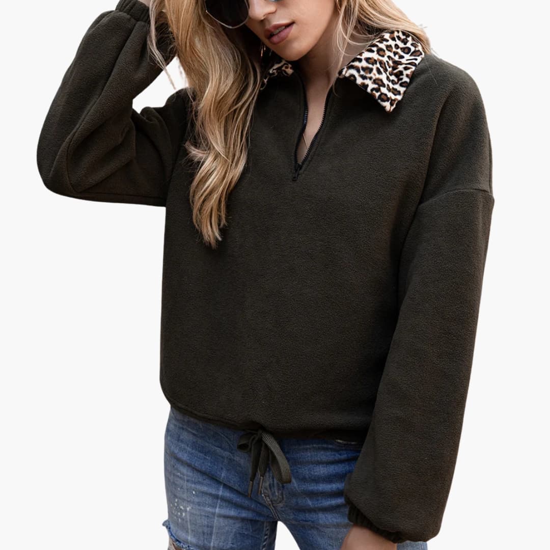 Pull polaire pour femme avec col imprimé léopard