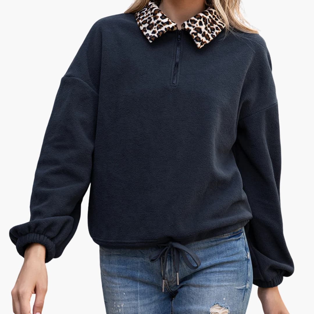 Pull polaire pour femme avec col imprimé léopard