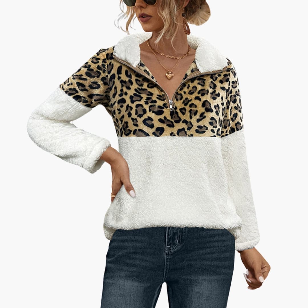 Damen-Fleece-Pullover mit halbem Reißverschluss und Leopardenmuster