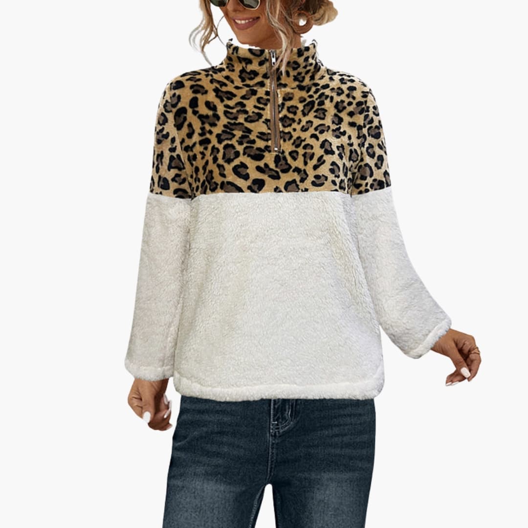 Damen-Fleece-Pullover mit halbem Reißverschluss und Leopardenmuster