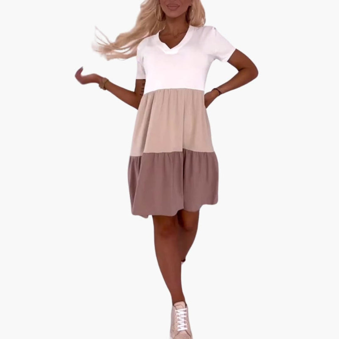 Robe Femme Color Block avec Manches Courtes et Poches