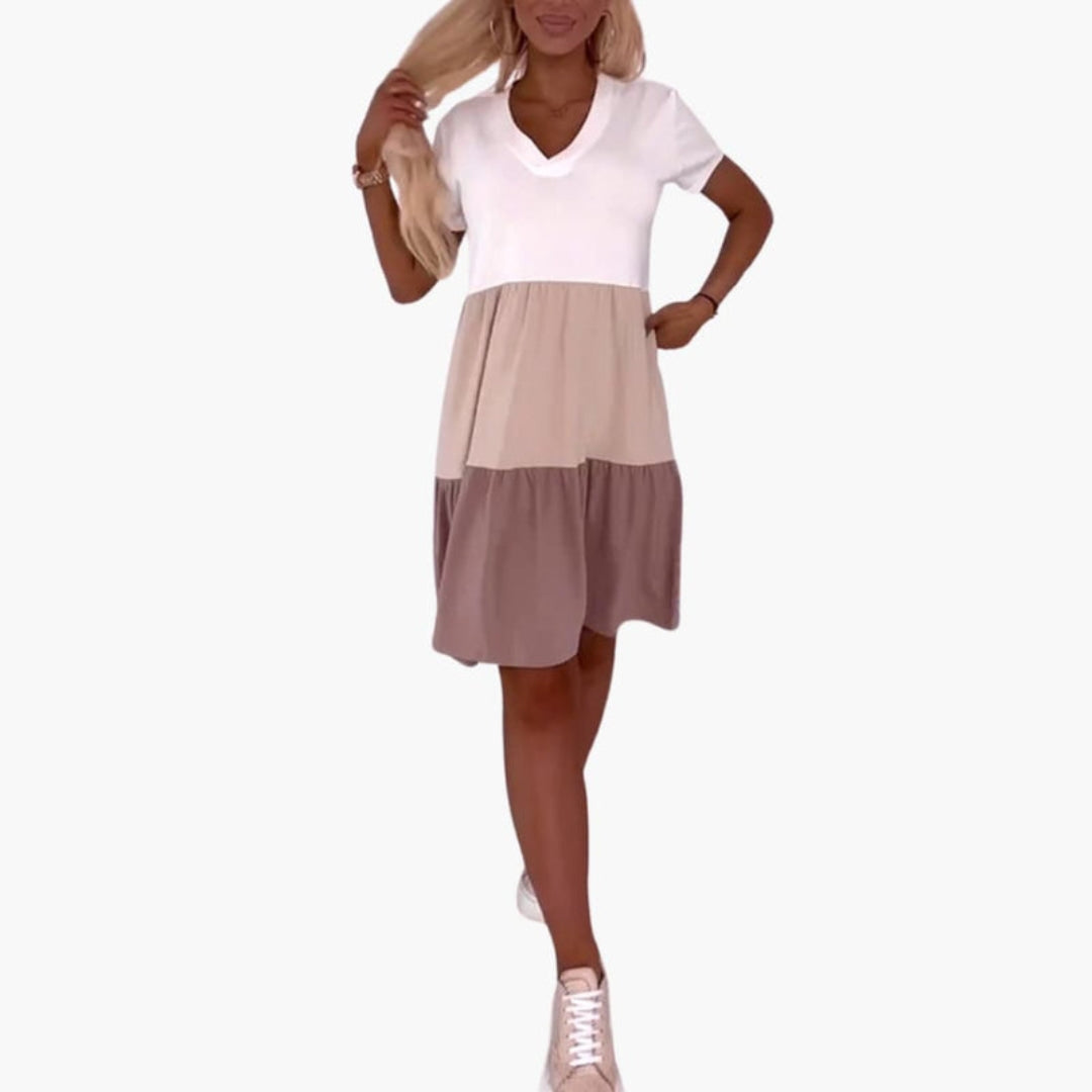 Robe Femme Color Block avec Manches Courtes et Poches
