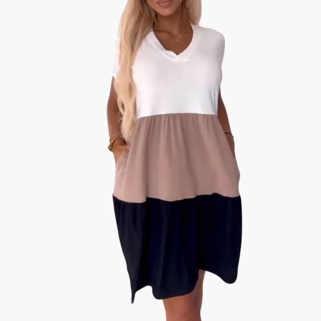 Robe Femme Color Block avec Manches Courtes et Poches