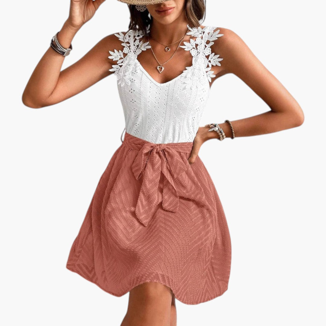 Robe Femme avec Haut en Dentelle et Taille à Nouer