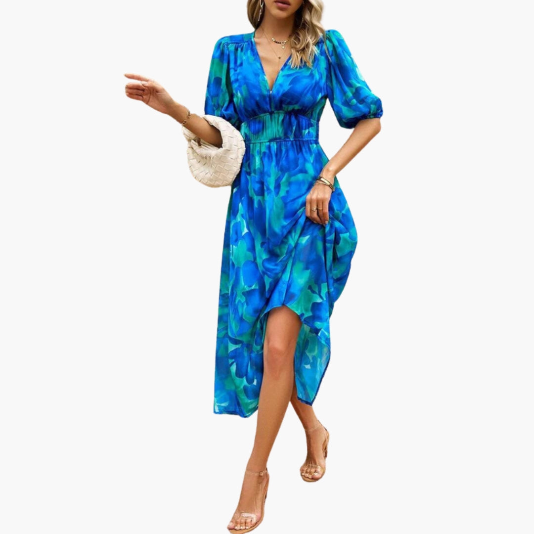 Vestido Floral Mujer con Escote en V y Cintura Elástica