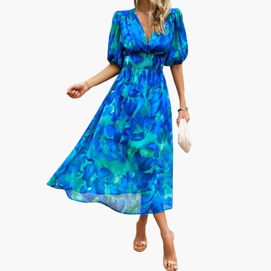 Vestido Floral Mujer con Escote en V y Cintura Elástica