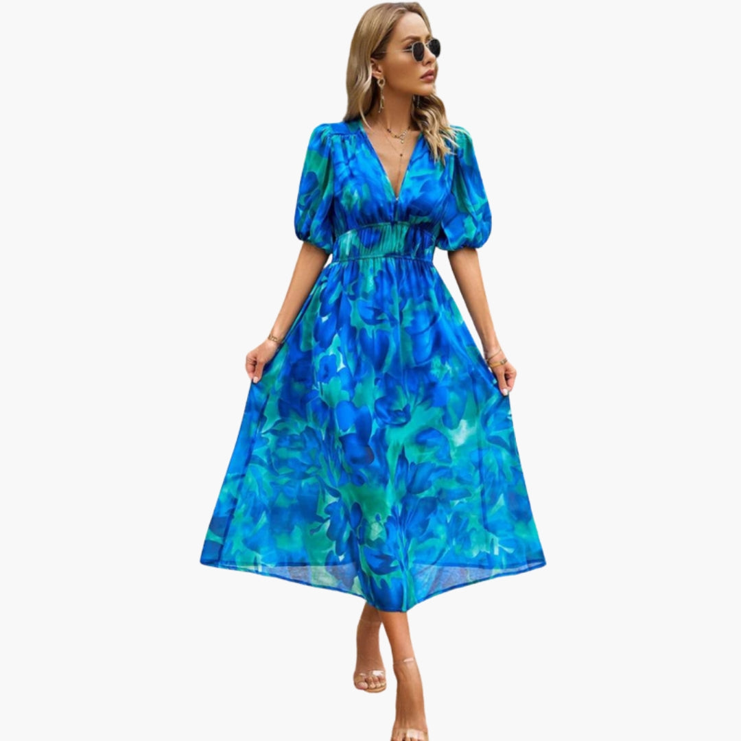 Vestido Floral Mujer con Escote en V y Cintura Elástica
