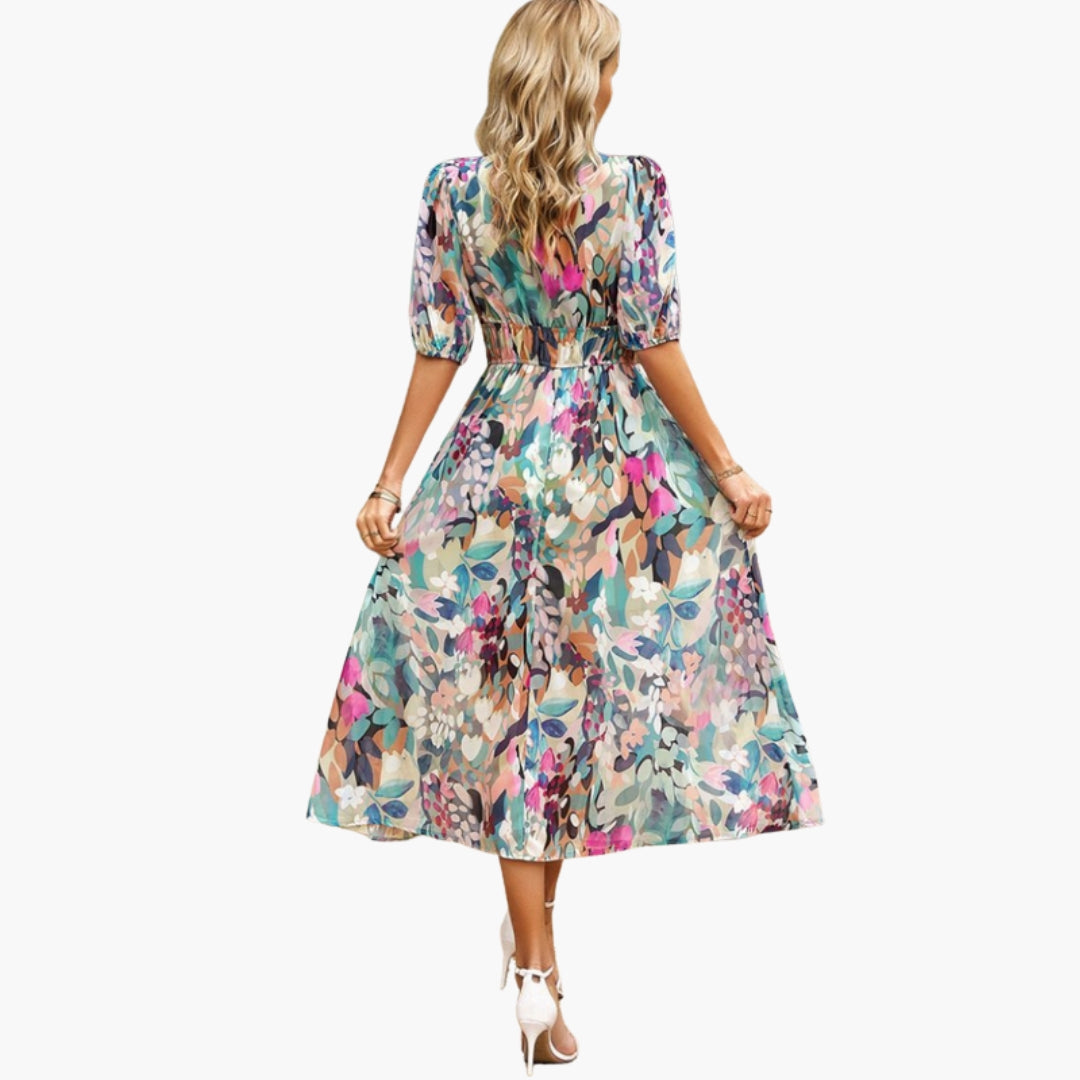 Vestido Floral Mujer con Escote en V y Cintura Elástica