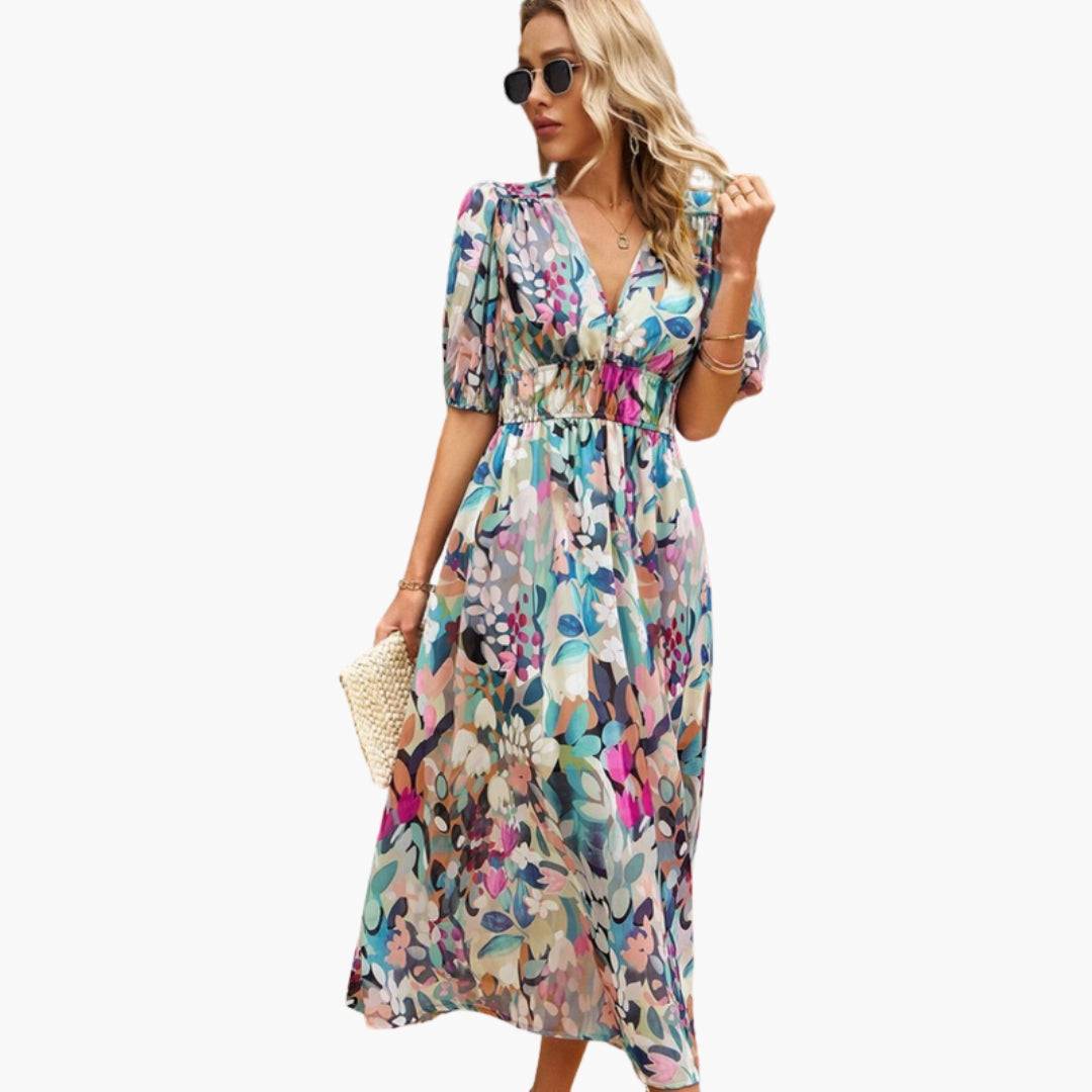 Robe Fleurie Femme a Encolure en V et Taille Élastique
