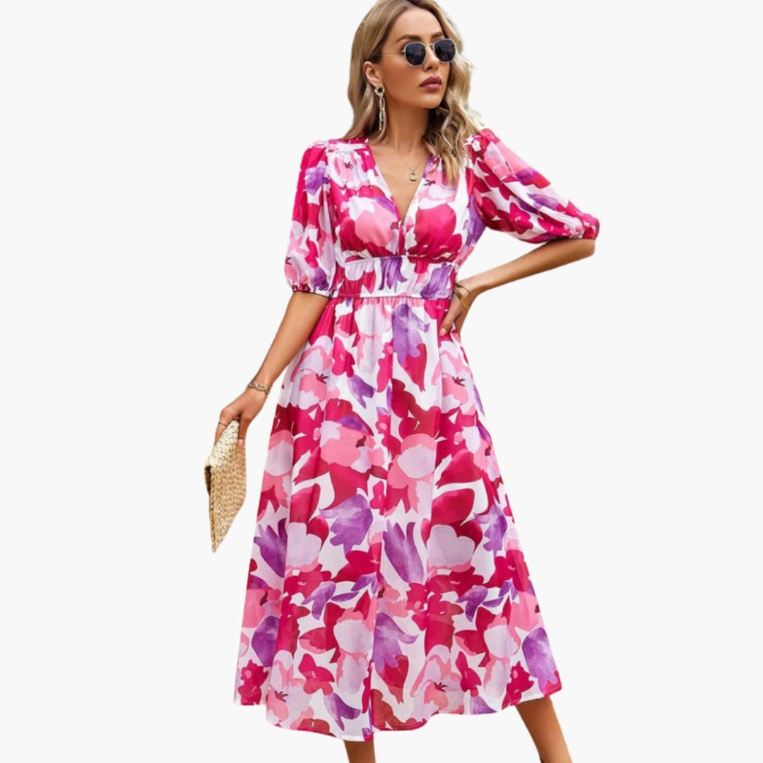 Vestido Floral Mujer con Escote en V y Cintura Elástica