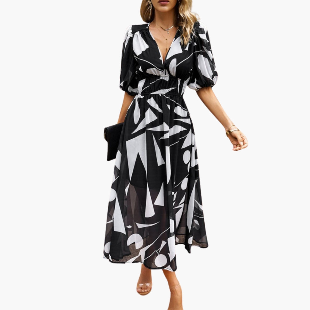 Vestido Floral Mujer con Escote en V y Cintura Elástica