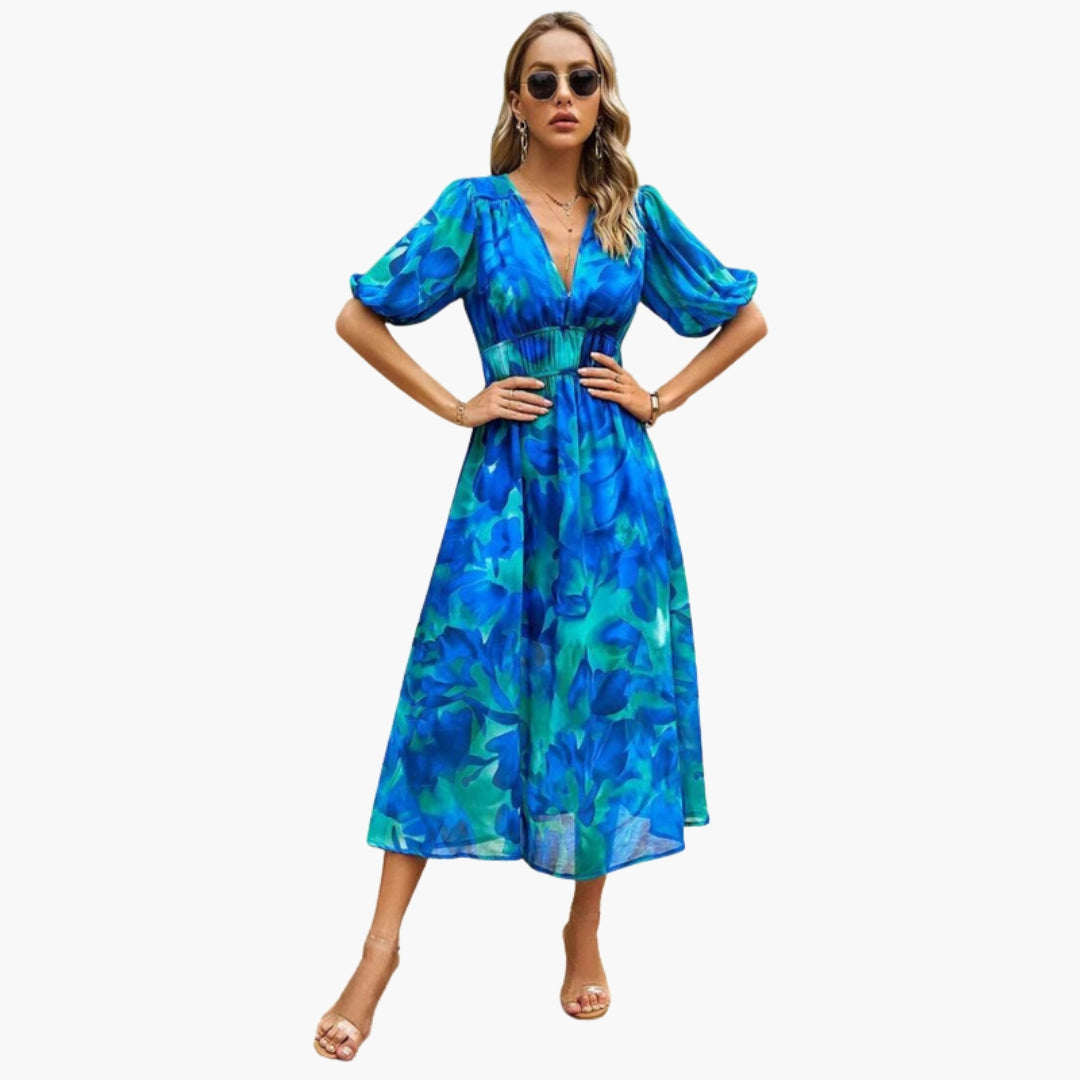 Vestido Floral Mujer con Escote en V y Cintura Elástica