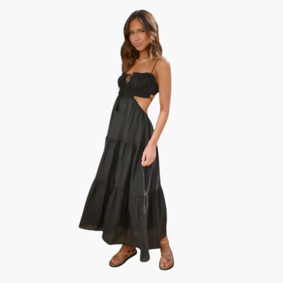 Maxikleid für Damen mit Trägern und mehrlagigem Volantrock
